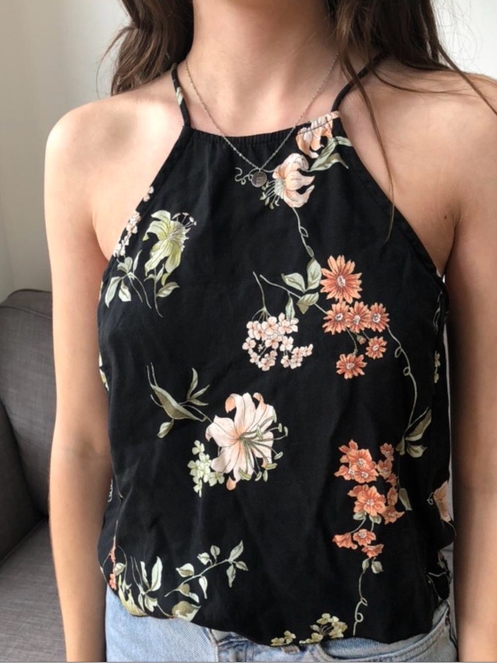 Brandy Melville "Vintage" Black Multi Floral High-Neck Camisole Made in Italy